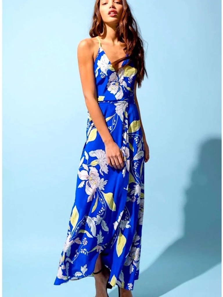 Nwt Yumi Kim Blue Floral Rush Hour Silk Maxi Wrap Dress | Size Medium